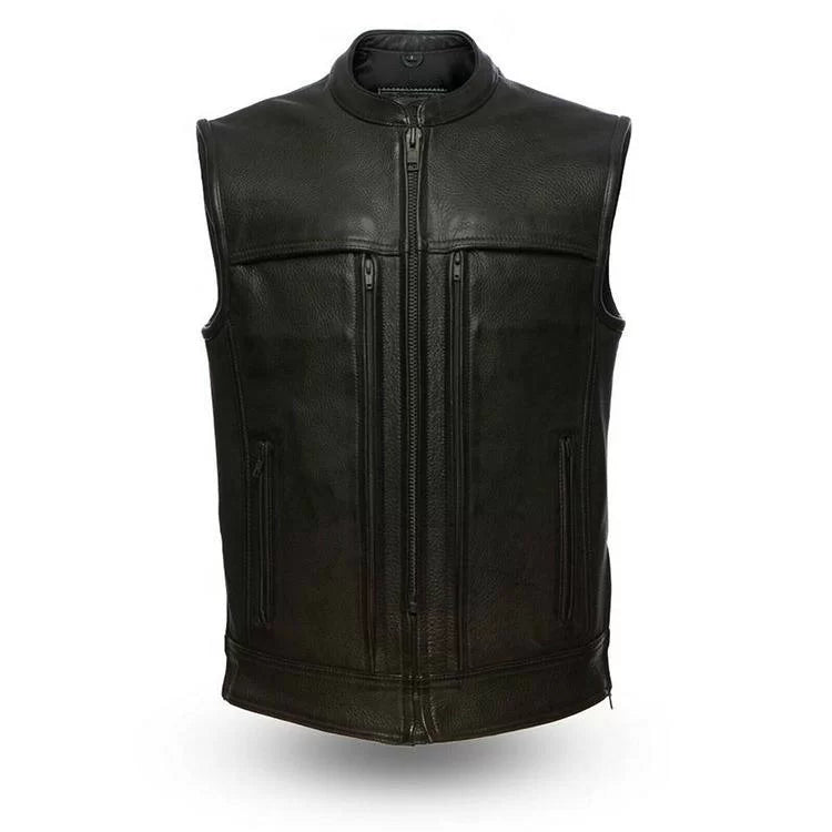 Men Black Leather Vest Triple Zip