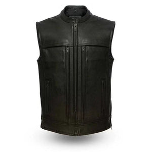 Men Black Leather Vest Triple Zip