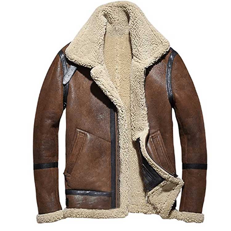 Men Brown Shearling Bomber Fur Leather Jacket