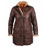 Women Brown Coat Duffle Hooded Leather Long