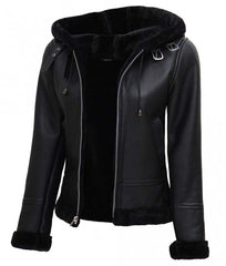 Women Black Aviator Shearling Hooded Leather Jacket