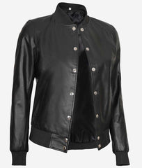 Women Black Bomber Button Closure Leather Jacket