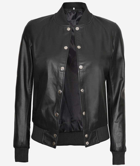 Women Black Bomber Button Closure Leather Jacket