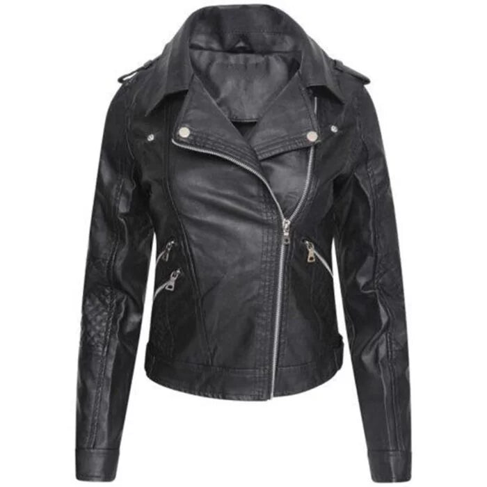 Women Black Biker Slim Fit Leather Jacket