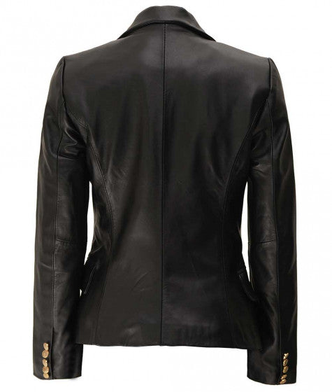 Women Black Coat Double Breasted Leather