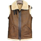 Men Brown Leather Vest Fur Collar