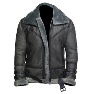 Men Grey Shearling Wax Leather Jacket
