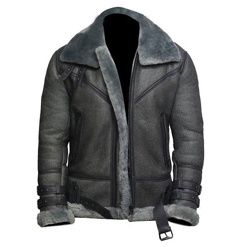 Men Grey Shearling Wax Leather Jacket