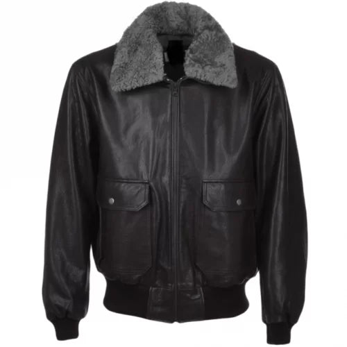 Men Black Aviator Fur Collar Two Pockets Leather Jacket