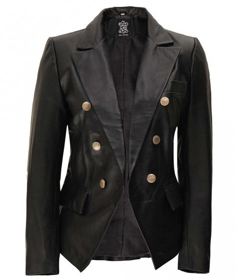 Women Black Coat Double Breasted Leather