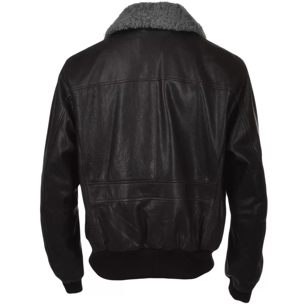 Men Black Aviator Fur Collar Two Pockets Leather Jacket