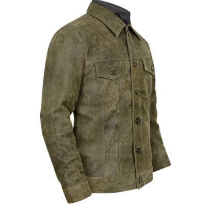 Men Greenish Brown Shirt Collar Rugged Leather Jacket