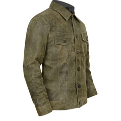 Men Greenish Brown Shirt Collar Rugged Leather Jacket