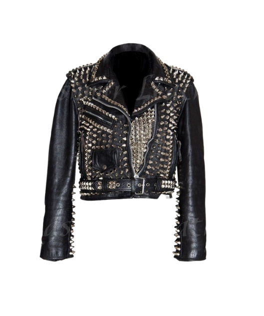 Women Black Halloween Silver Pointed Leather Jacket