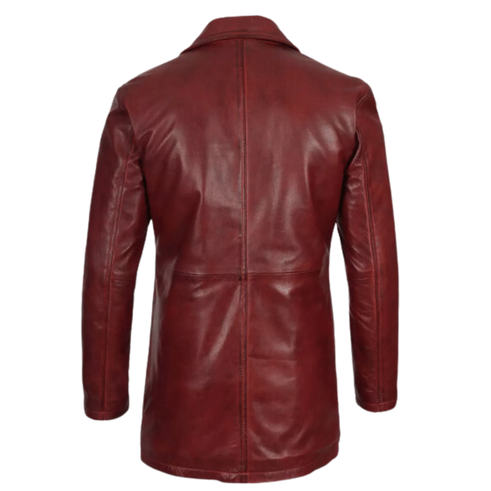 Men Maroon Distressed Leather Coat