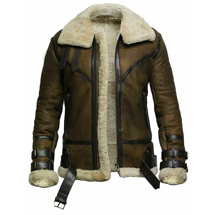 Men Brown Shearling Wax Bomber Fur Leather Jacket