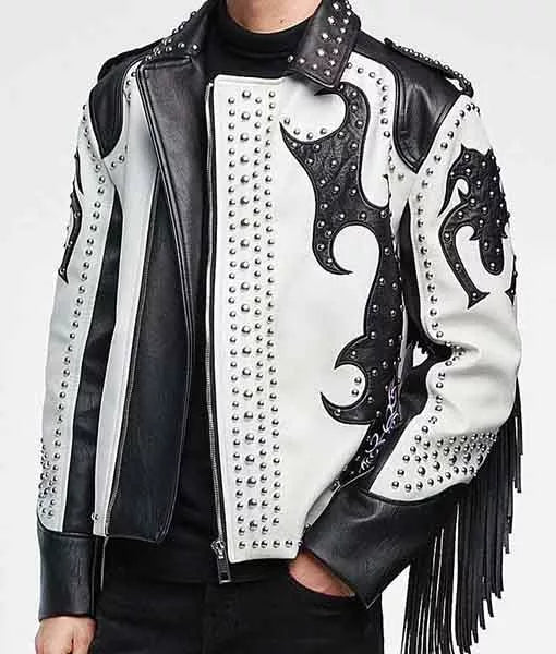 Unisex Black & White Fringe Stylish Leather Jacket