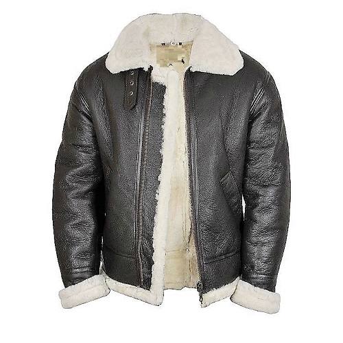 Men Black Aviator White Fur Leather Jacket