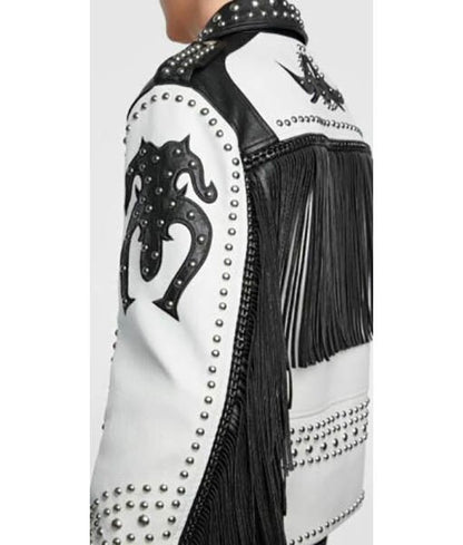 Unisex Black & White Fringe Stylish Leather Jacket