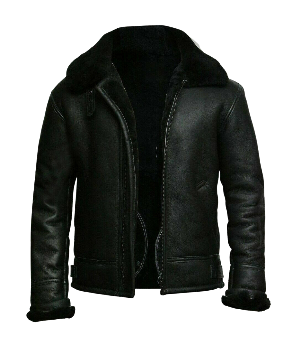 Men Black Aviator Fur Collar Leather Jacket