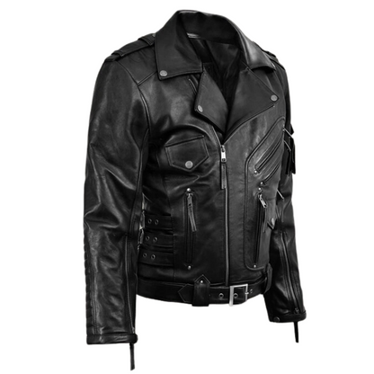 Men Black Heavy Leather Motorcycle Jacket