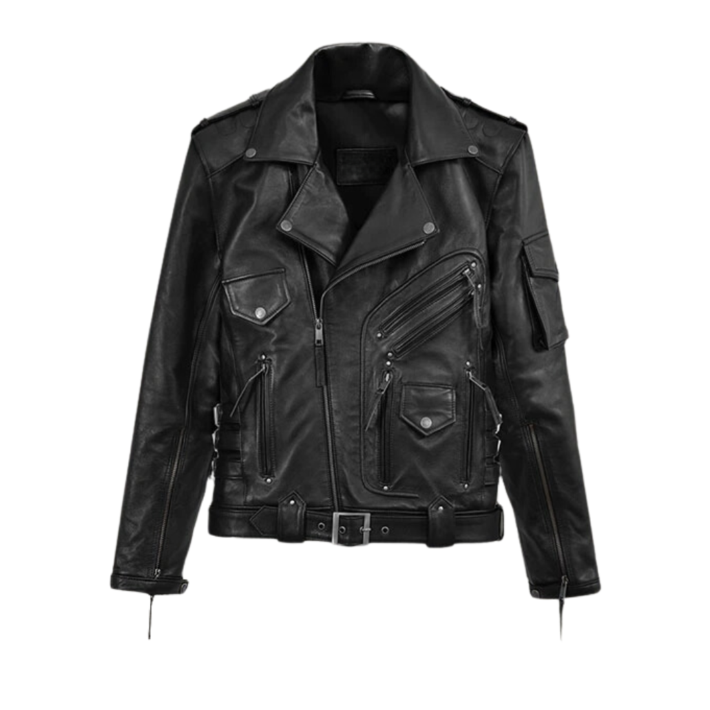 Men Black Heavy Leather Motorcycle Jacket