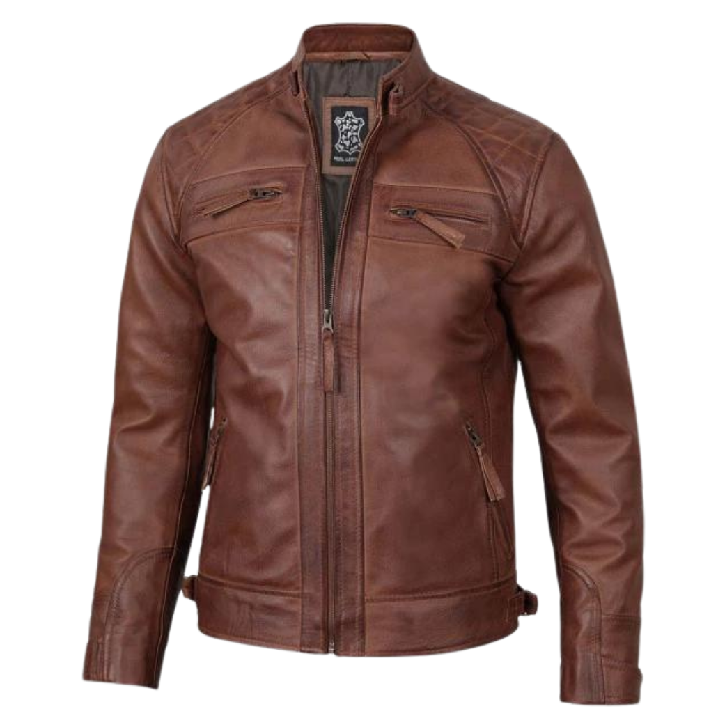 Men Brown Leather Cafe Racer Jacket