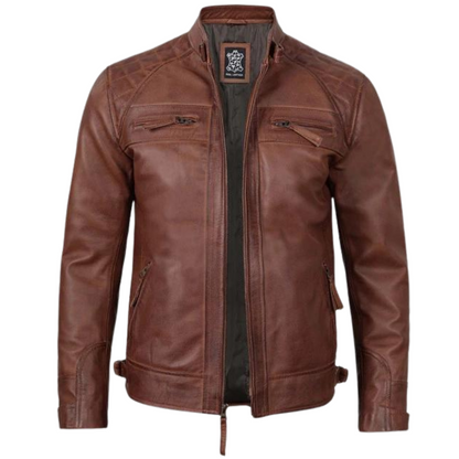 Men Brown Leather Cafe Racer Jacket
