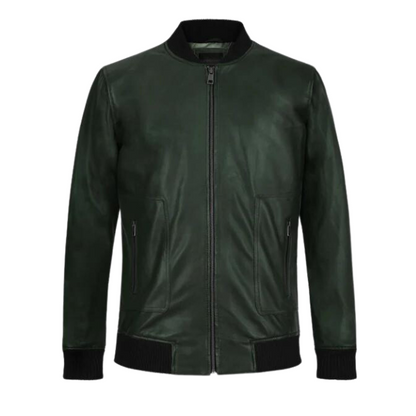 Men Dark Green Bomber Leather Jacket