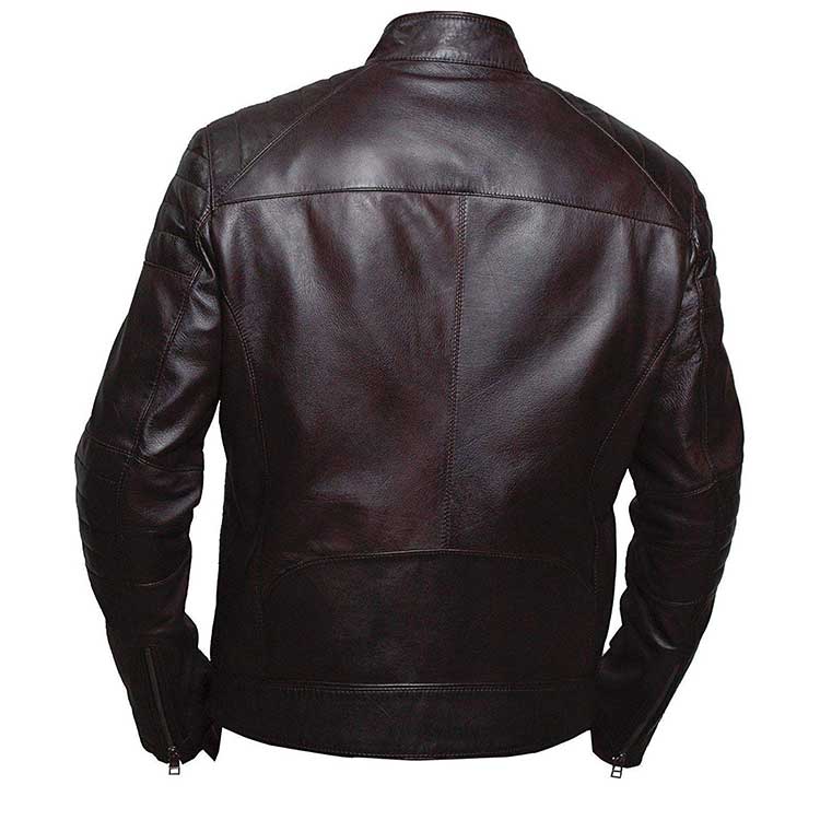 Men Brown Biker Belted Collar Cafe Racer Leather Jacket