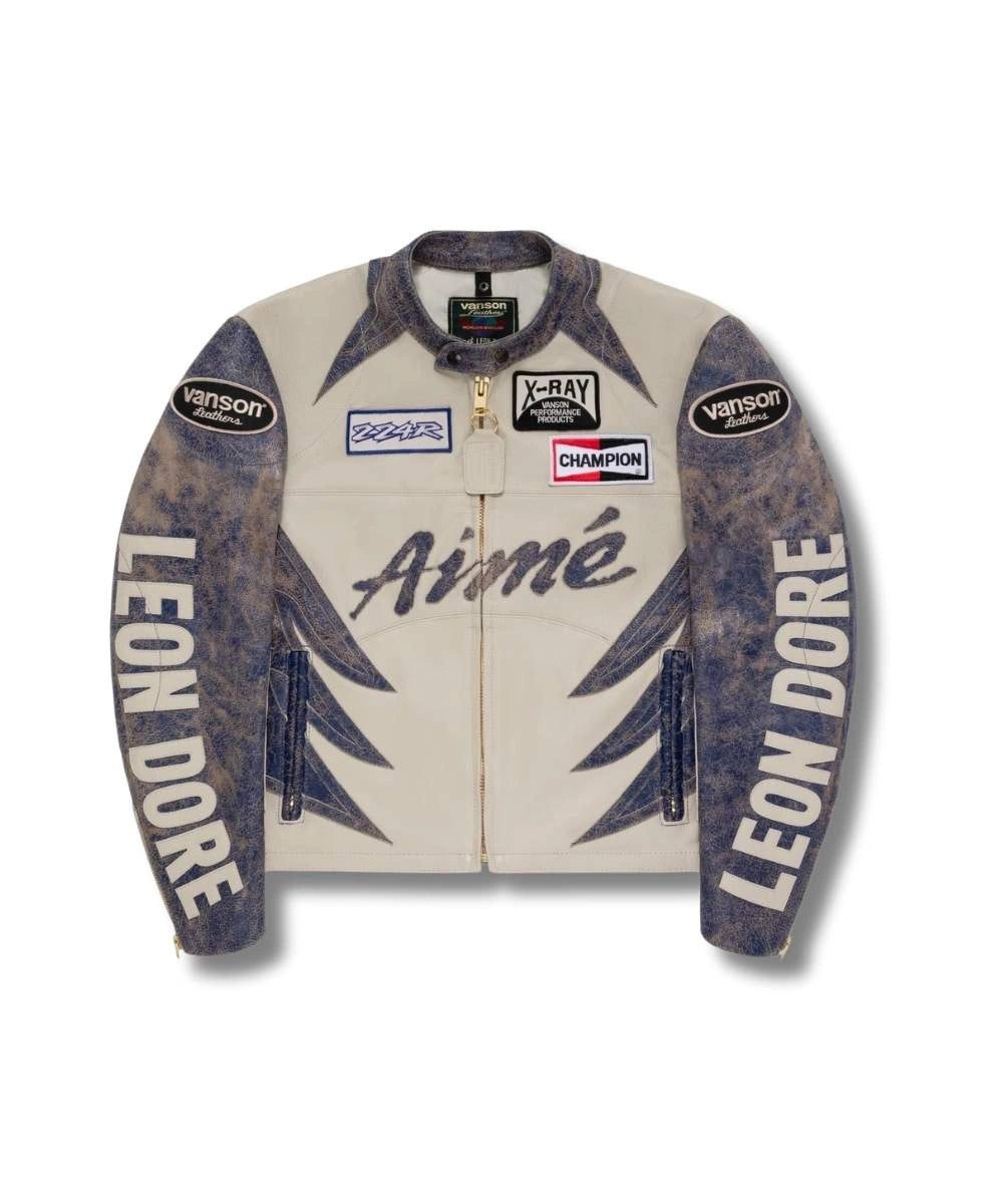 Aime Leon Dore x Vanson Distressed Leather Moto Jacket Off White