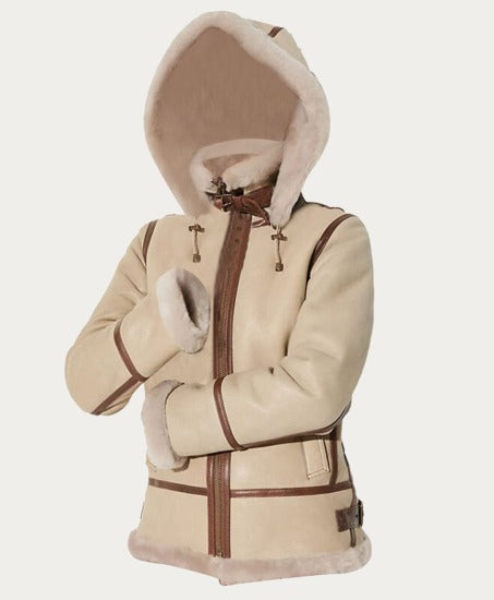 Alicia Beige Aviator Shearling Fur Hooded  Leather Jacket-