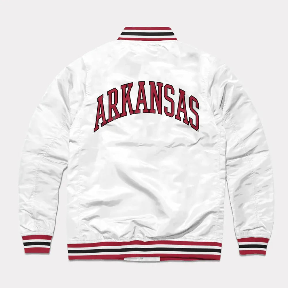 ArkansasLeaningHogFullSnapVarsityWhiteSatinBomberJacket