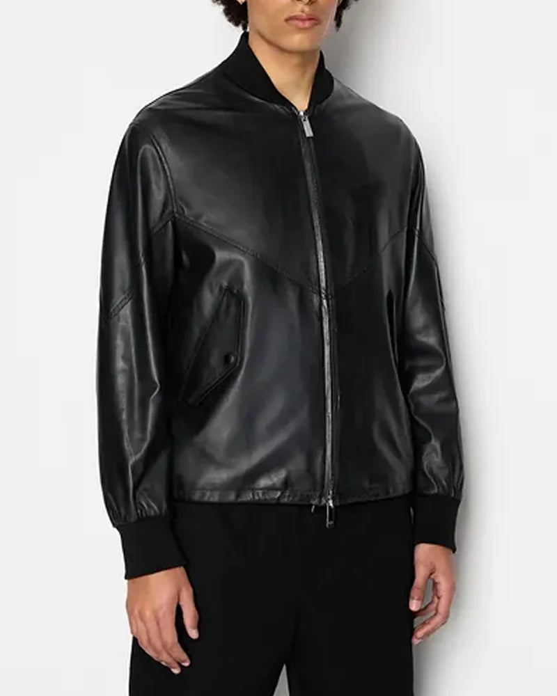 Armani Exchange Black Leather Biker Bomber Jacket For Men