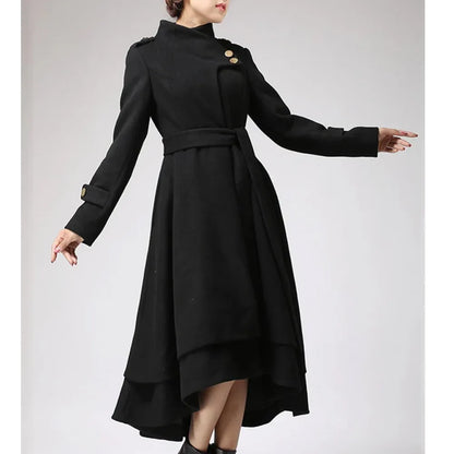 AsymmetricalHemBlackSwingWoolLongCoat