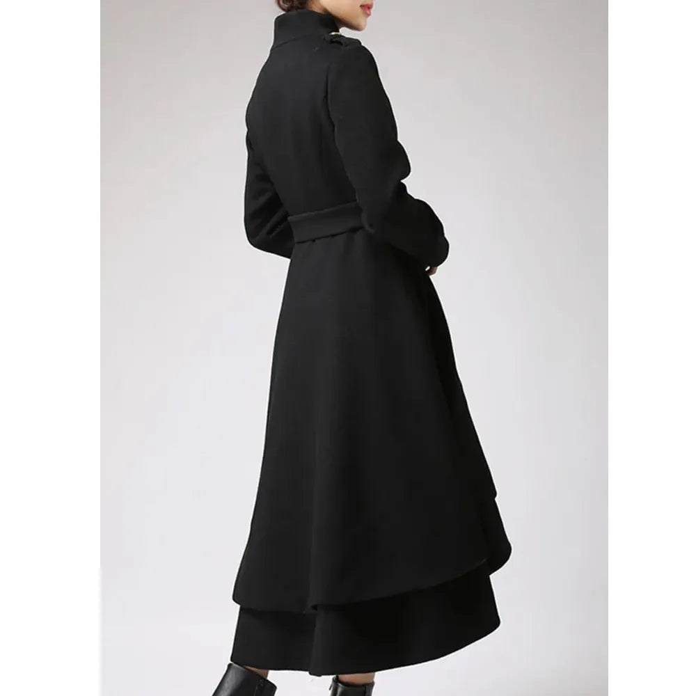 AsymmetricalHemSwingWoolBlackLongCoat