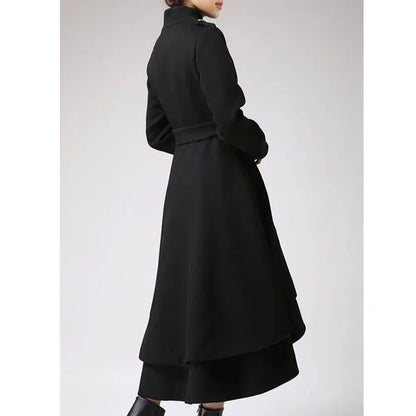 AsymmetricalHemSwingWoolBlackLongCoat