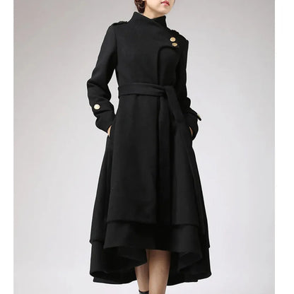 AsymmetricalHemSwingWoolLongBlackCoat