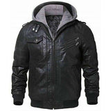 Men Black Biker Removable Hood Leather Jacket