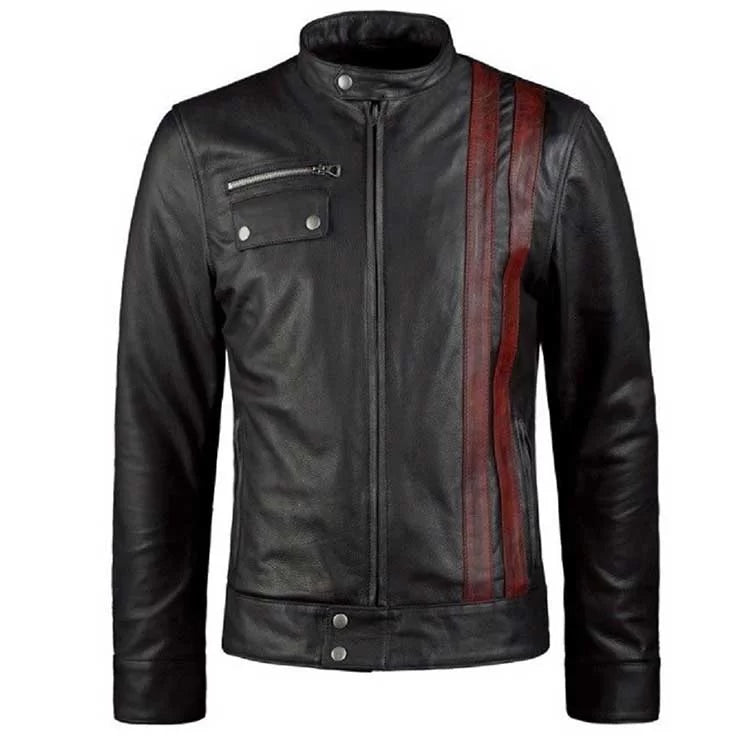 Men Black Biker Leather Jacket With Red Stripes