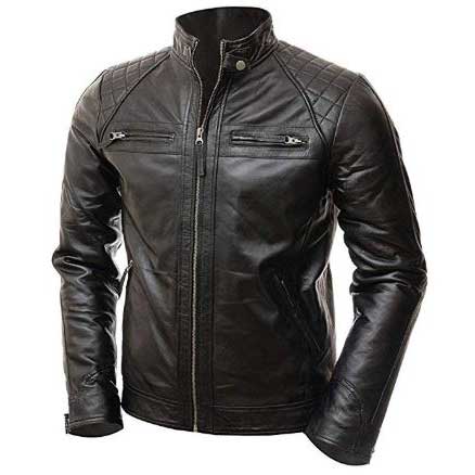 Men Black Biker Cafe Racer Style Leather Jacket