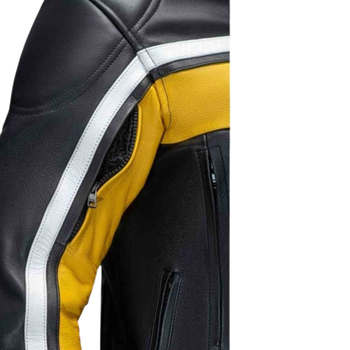 Men Black & Yellow Biker Leather Jacket with White Line
