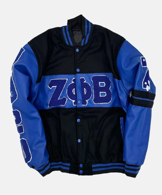 Blue&nbsp;Zeta Phi Beta&nbsp;Ole&nbsp;Skool&nbsp;Full-Snap&nbsp;WoolLeather Varsity Bomber Jacket