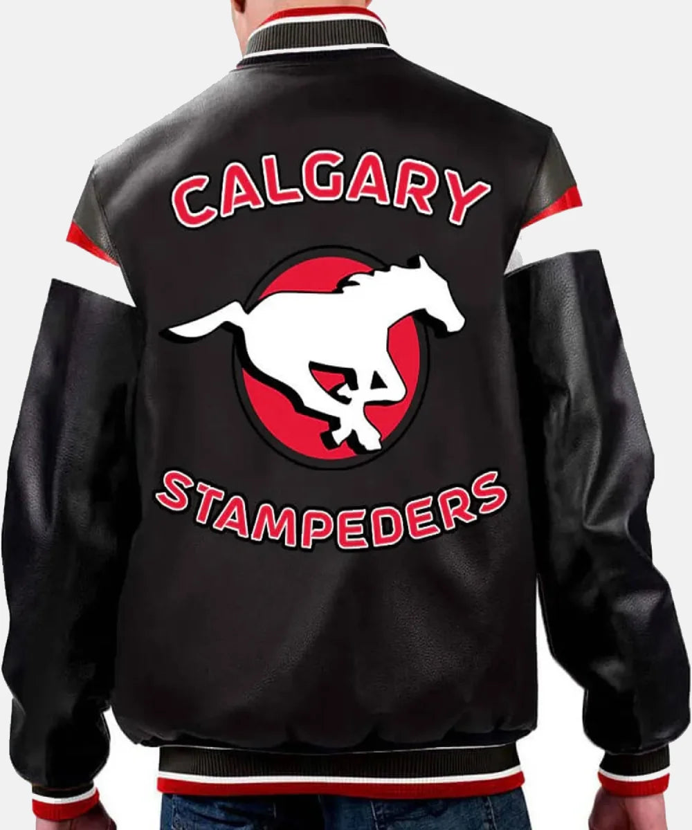 CalgaryStampedersFull-ZipBlackLeatherVarsityJBomberJacket