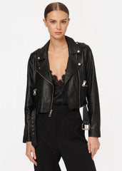 Women Black Leather Crop Biker Jacket