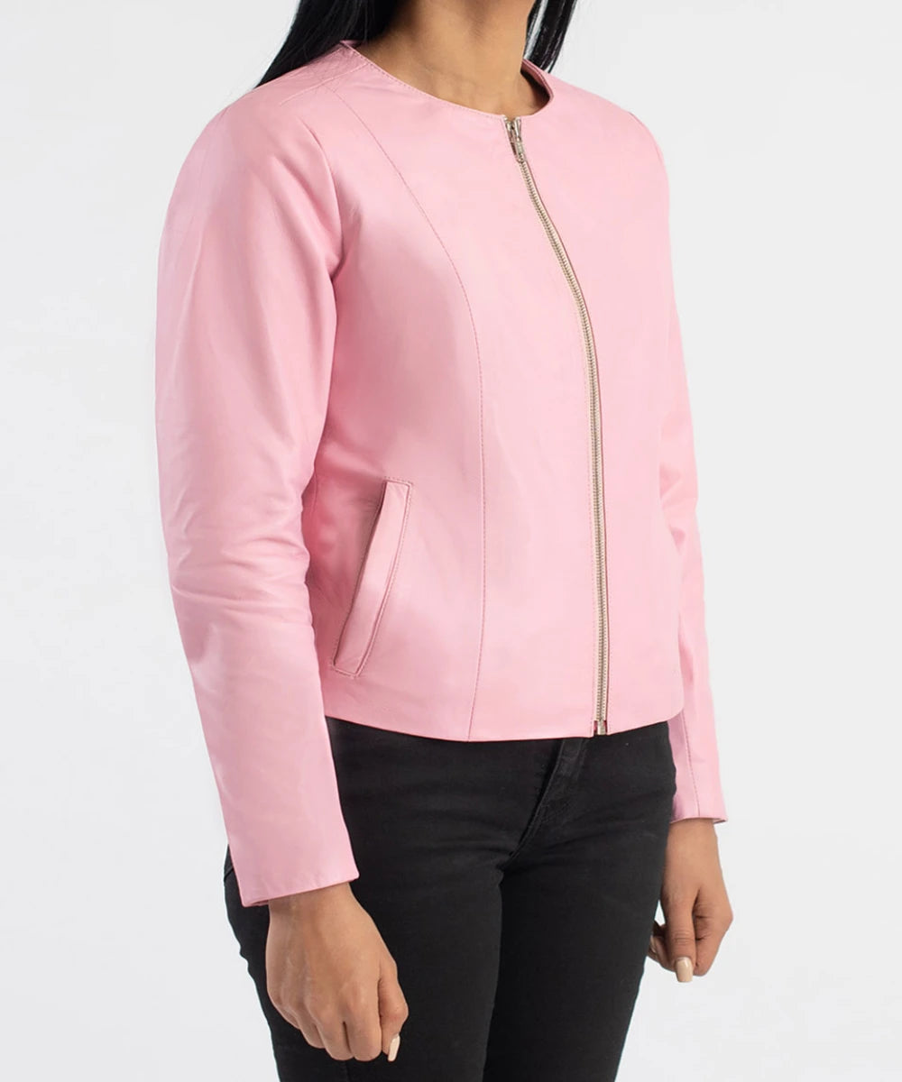 CollarlessPinkLeatherBikerJacket