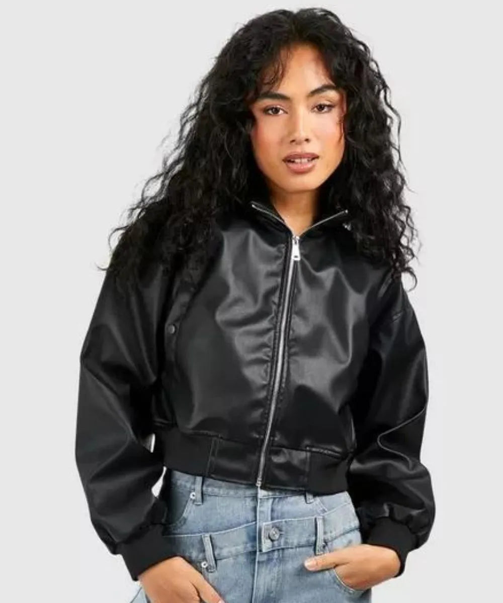 Cropped Bomber Leather Jacket