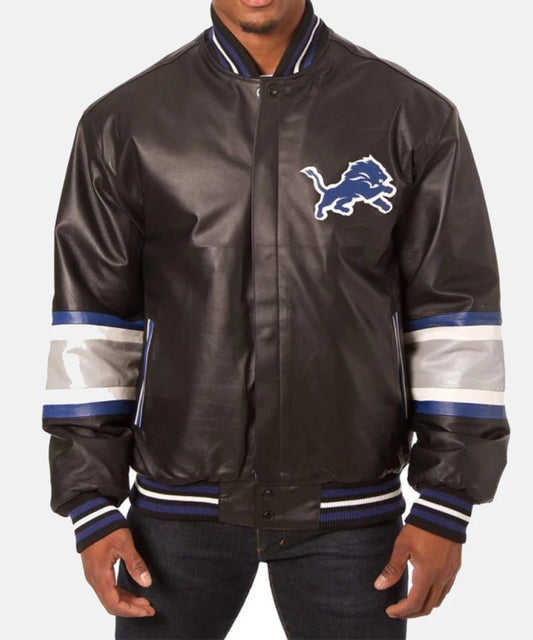 Detroit Lions Black Full-Snap Leather Varsity Bomber Jacket