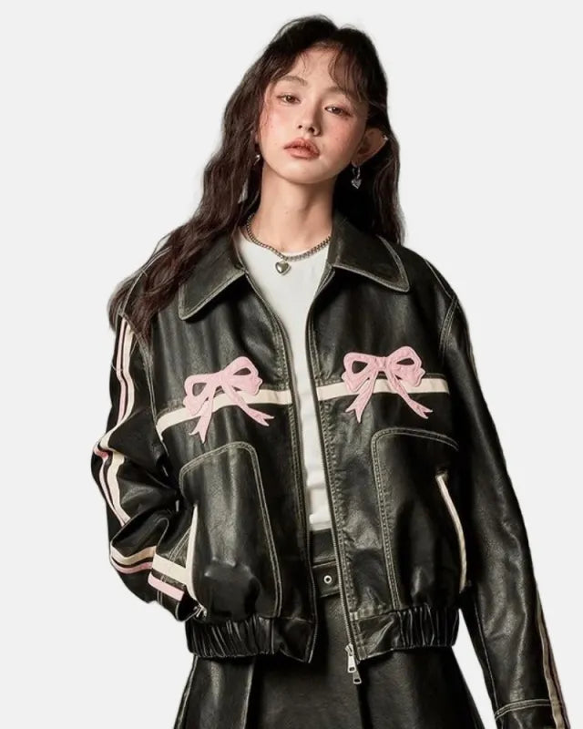 Diddi Moda Pink Bow Distressed Leather Jacket