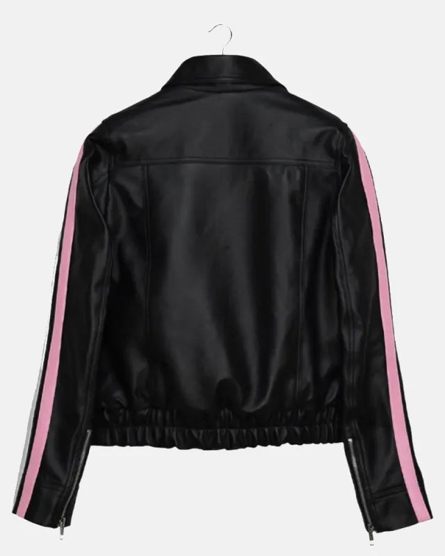 Diddi Moda Retro Color Painted Pink Bow Black Leather Jacket